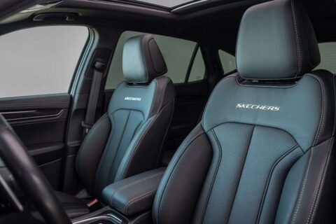 Premium black leather interior featuring top Skechers car seat covers designed for ultimate comfort and modern car aesthetics.