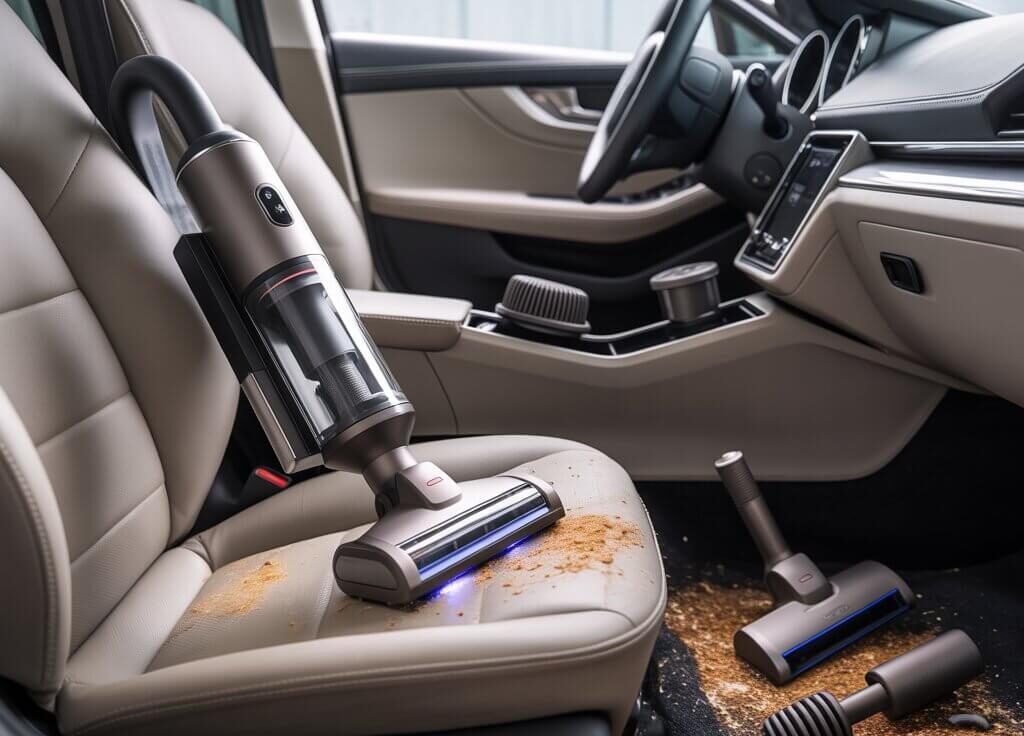 Best Affordable Vacuum Cleaner For Car: Top 5 Under $100 in 2025 1 Vacuum cleaner for car placed on beige seat cleaning dirt and debris inside a modern vehicle.