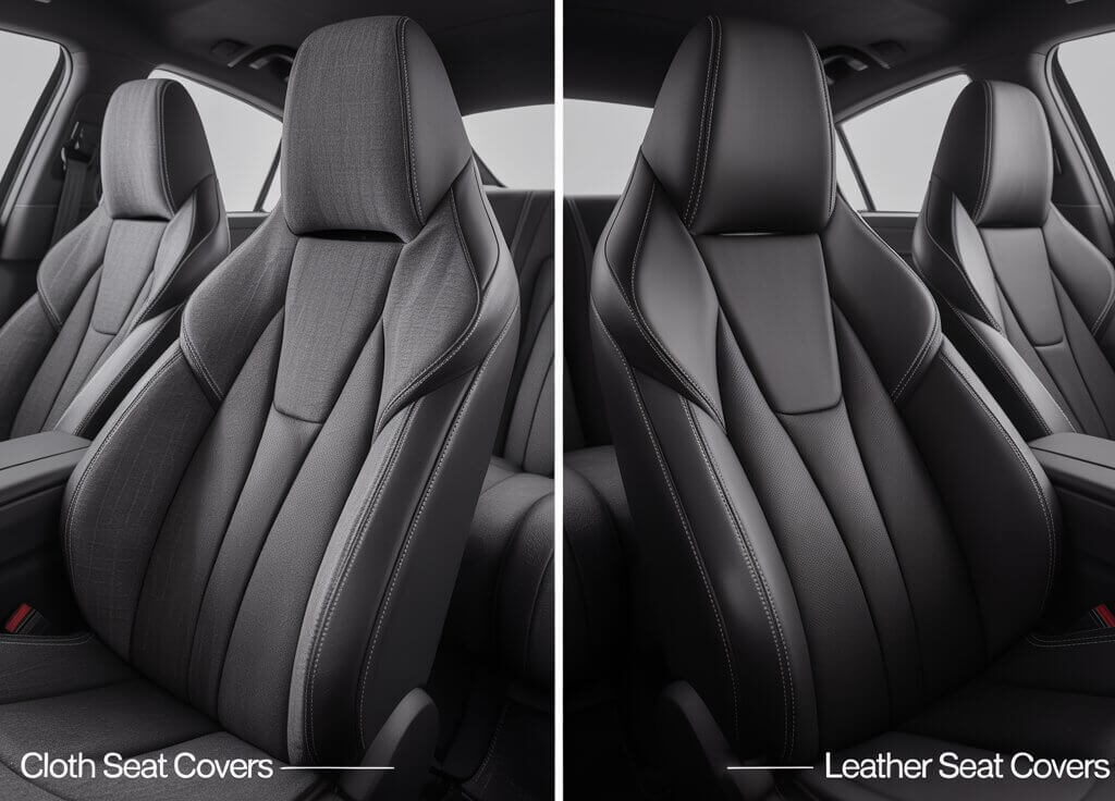 Side-by-side comparison of cloth vs leather car seat covers showing the difference in material texture, comfort, and design inside a modern car interior.