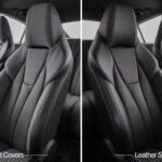 Side-by-side comparison of cloth vs leather car seat covers showing the difference in material texture, comfort, and design inside a modern car interior.