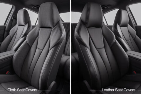 Side-by-side comparison of cloth vs leather car seat covers showing the difference in material texture, comfort, and design inside a modern car interior.