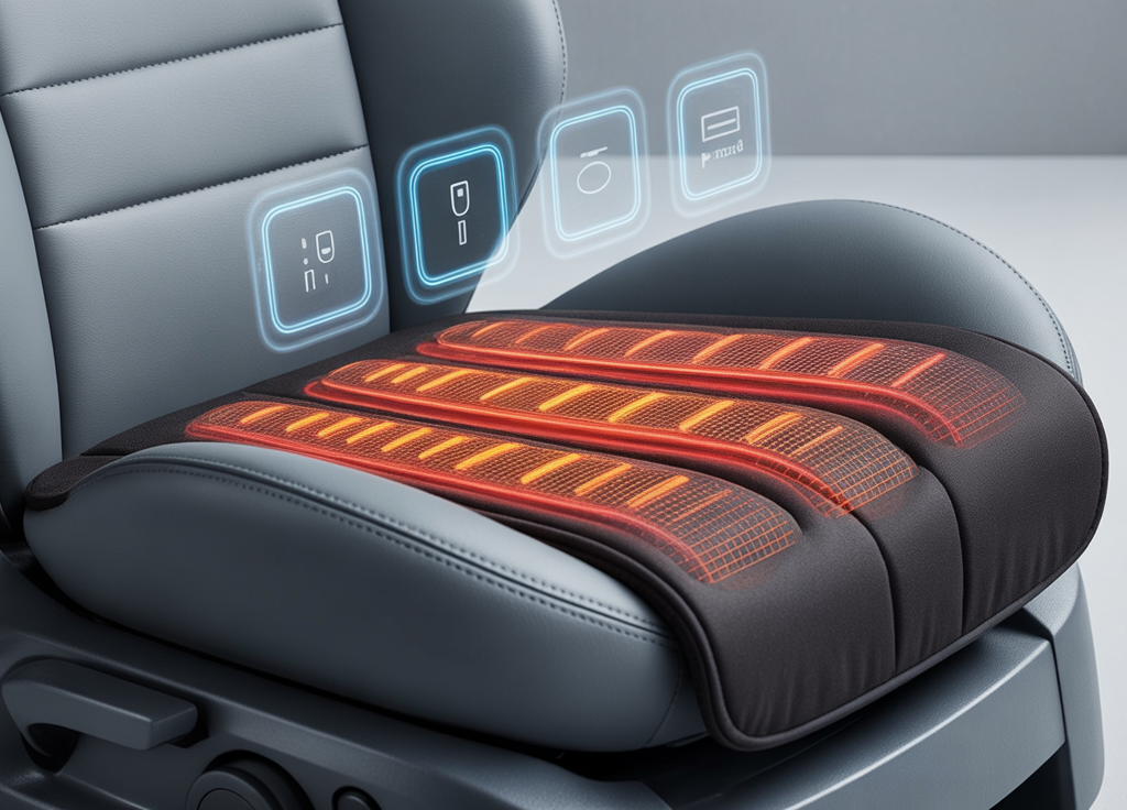 KINGLETING Heated Seat Covers installed on a car seat showing fast and safe heating technology with orange heat lines