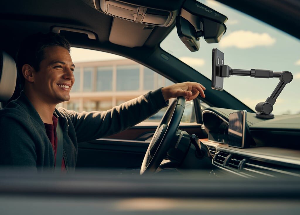 A smiling driver using a telescopic car phone mount inside a modern car while driving on a sunny day.