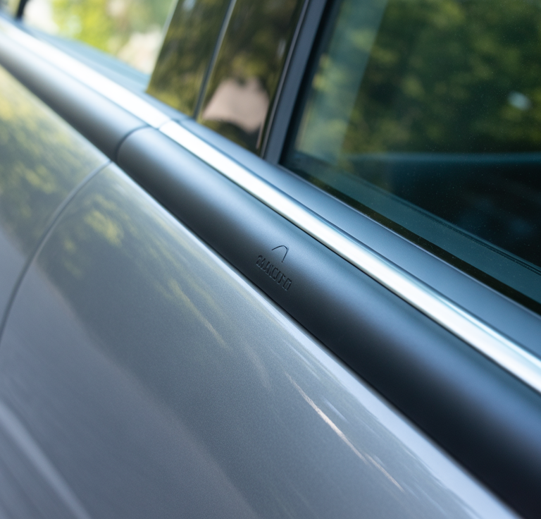 Close-up view of a sleek car door fitted with a protective Car Door Edge Guard, showing a smooth black trim along the window edge.