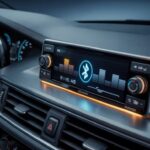 Modern car dashboard featuring a 616UAB Bluetooth Head Unit for cars with illuminated display, Bluetooth icon, and audio equalizer bars.