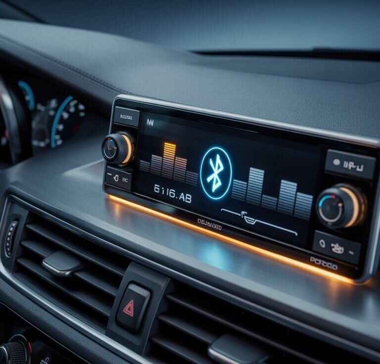 Modern car dashboard featuring a 616UAB Bluetooth Head Unit for cars with illuminated display, Bluetooth icon, and audio equalizer bars.