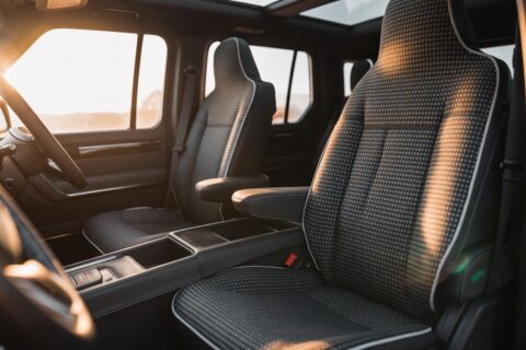 Modern SUV interior with black West Llama linen seat covers featuring triangular pattern for breathable comfort and universal protection.