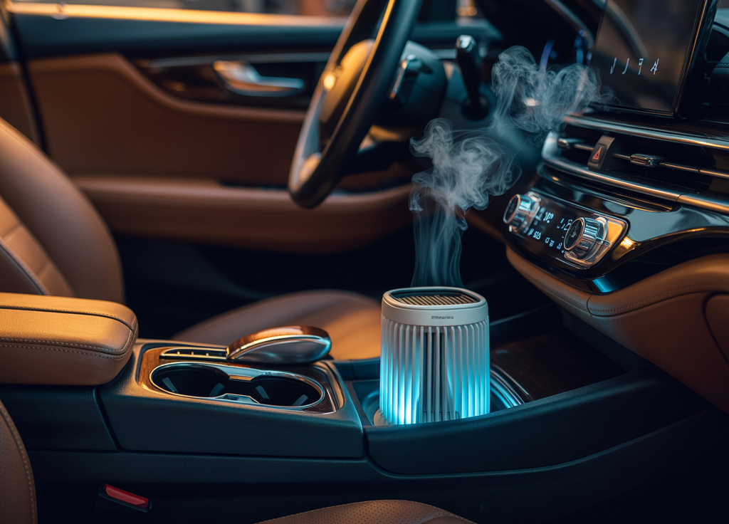 Best car air purifier for smoke placed in the cup holder actively removing cigarette smoke from a luxury car interior