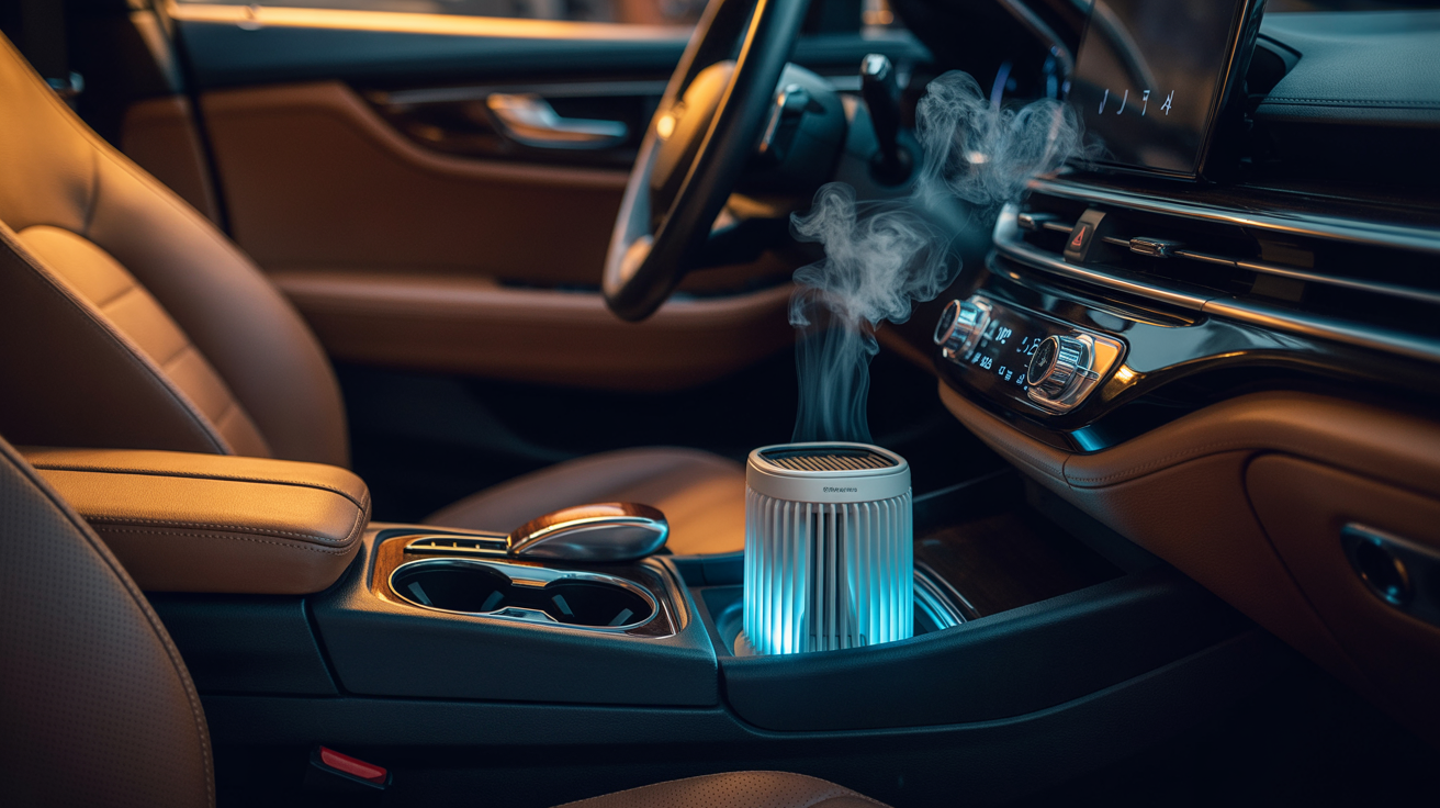 Best car air purifier for smoke placed in the cup holder actively removing cigarette smoke from a luxury car interior