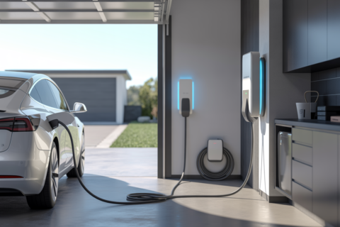 Wall-mounted home EV charging station powering an electric car in a modern garage, showcasing one of the best electric vehicle chargers for daily home use