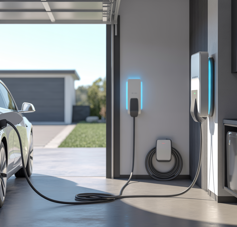 Wall-mounted home EV charging station powering an electric car in a modern garage, showcasing one of the best electric vehicle chargers for daily home use