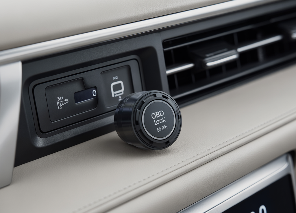 Close-up view of the best OBD port lock anti theft device for cars placed near a modern vehicle dashboard air vent for enhanced security