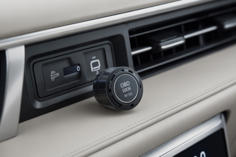 Close-up view of the best OBD port lock anti theft device for cars placed near a modern vehicle dashboard air vent for enhanced security