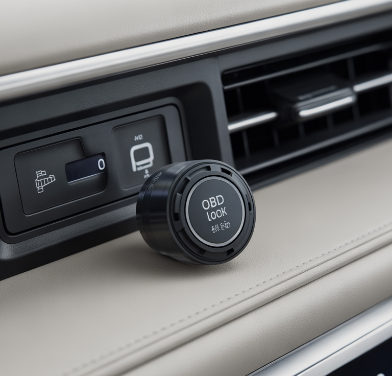 Close-up view of the best OBD port lock anti theft device for cars placed near a modern vehicle dashboard air vent for enhanced security