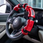 Red steering wheel lock installed on a modern car steering wheel showing the Best Steering Wheel Lock for Car Theft Prevention in use