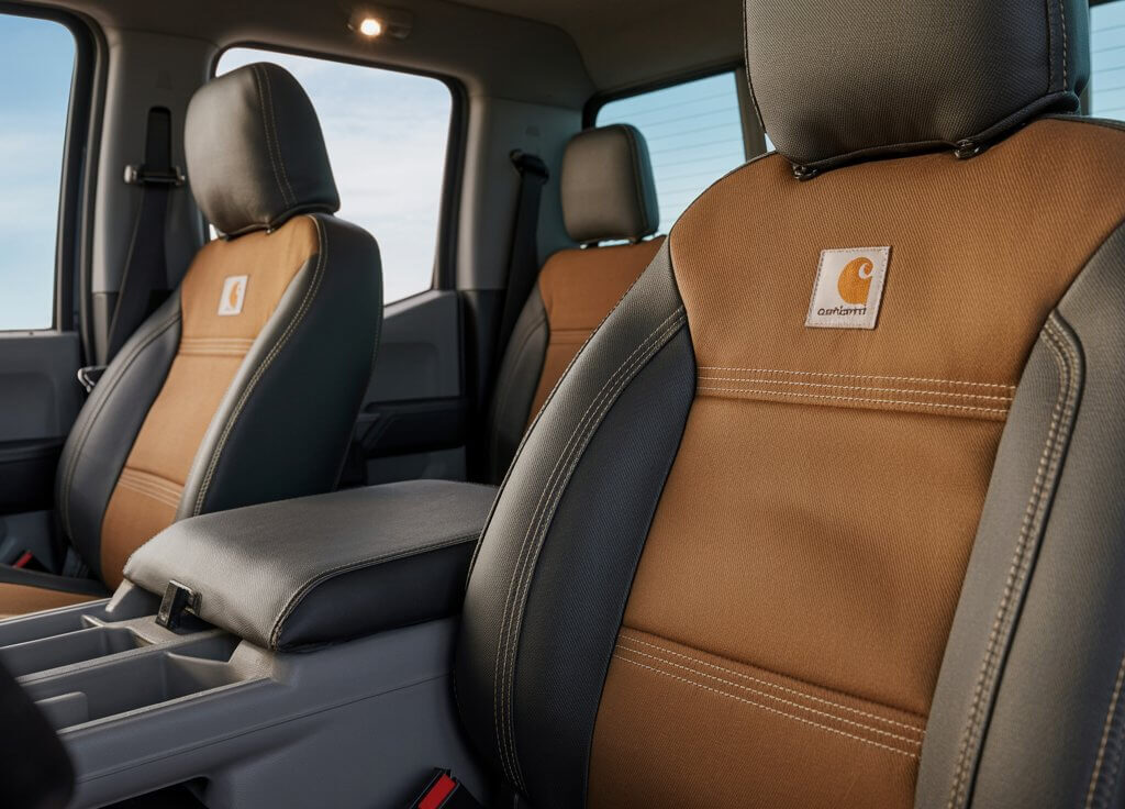 Durable Carhartt seat covers installed on front truck seats with brown duck-weave fabric and reinforced stitching.