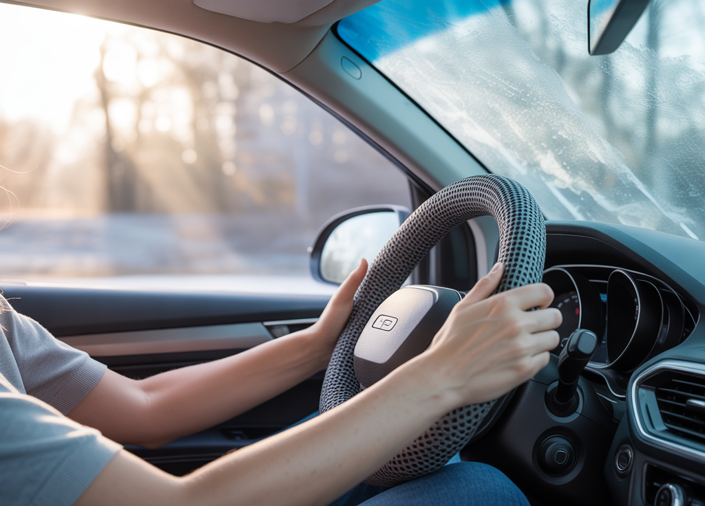 Driver using a portable heated steering wheel cover for winter to keep hands warm while driving in cold weather