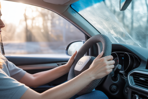 Driver using a portable heated steering wheel cover for winter to keep hands warm while driving in cold weather