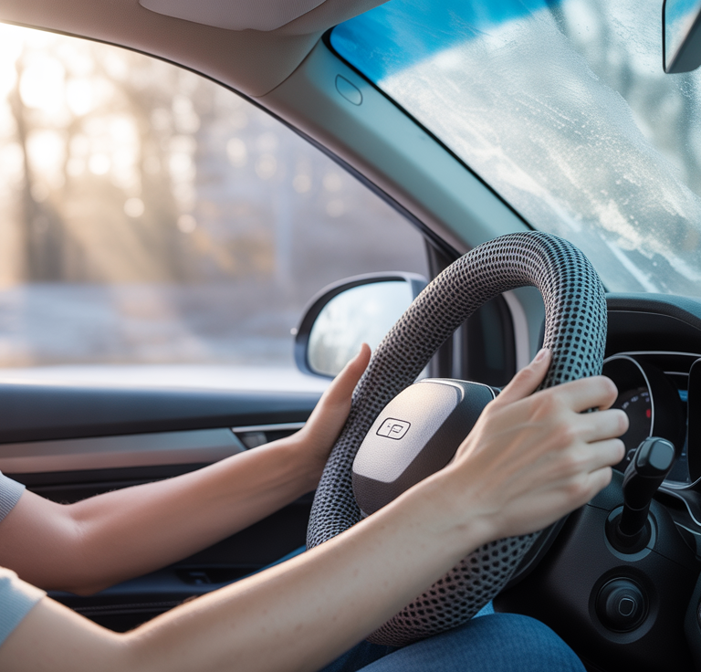 Driver using a portable heated steering wheel cover for winter to keep hands warm while driving in cold weather