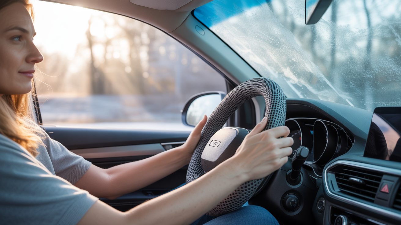 Portable Heated Steering Wheel Cover for Winter: Stay Warm on Every Cold Drive 1 Driver using a portable heated steering wheel cover for winter to keep hands warm while driving in cold weather