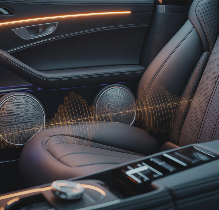 Interior of a luxury car showcasing a high-quality sound system featuring the best Car Bass and Voice Enhancer Speaker for deep bass and enhanced vocals.