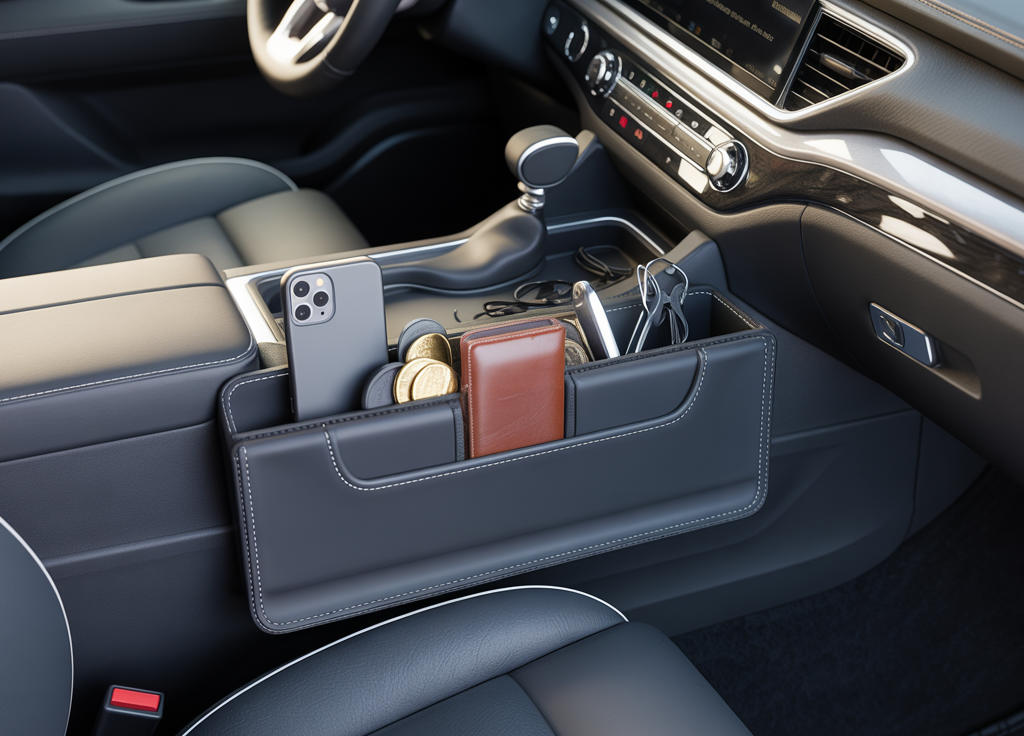 A premium RFID seat gap organizer for cars placed between the seat and console, holding a phone, wallet, coins, and accessories in an organized layout.