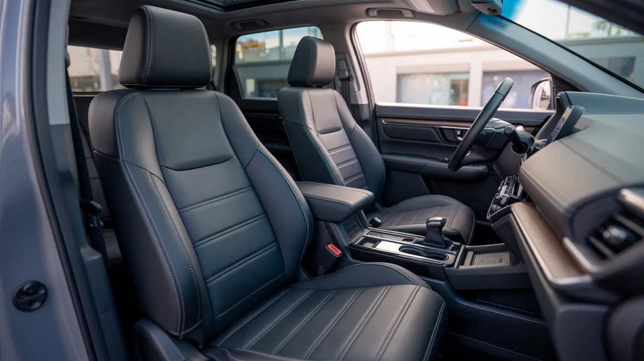 Stylish black leather car interior featuring EKR Custom Fit Honda CR-V Seat Covers with precise stitching and a factory-style finish