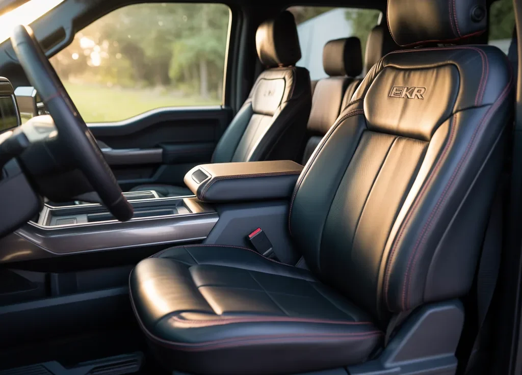 Luxury black leather interior featuring EKR F150 Seat Covers with custom stitching for a comfortable and stylish truck cabin