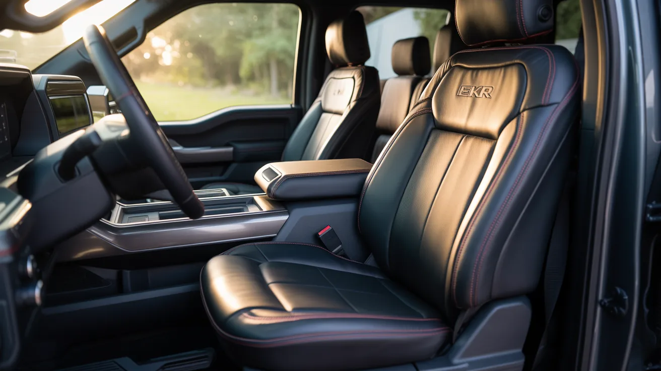 Luxury black leather interior featuring EKR F150 Seat Covers with custom stitching for a comfortable and stylish truck cabin