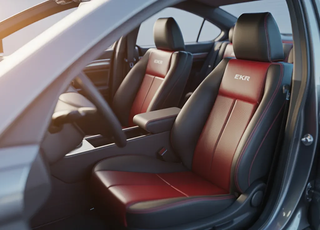 Red and black EKR Honda Accord Seat Covers installed inside a modern Honda Accord, showing custom-fit leatherette seats with OEM-style stitching
