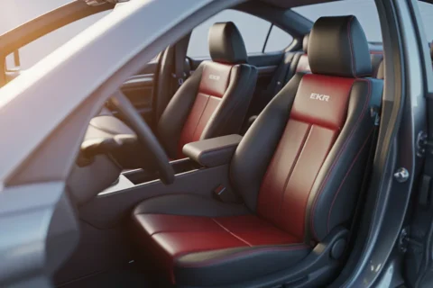 Red and black EKR Honda Accord Seat Covers installed inside a modern Honda Accord, showing custom-fit leatherette seats with OEM-style stitching