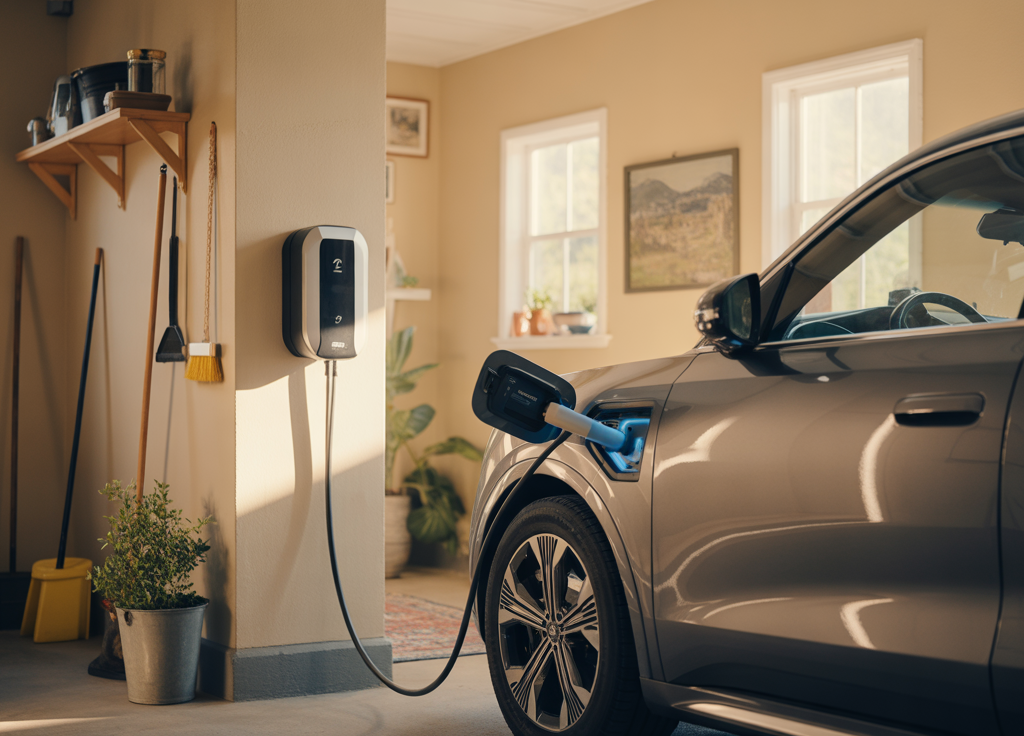 Electric car plugged into a wall-mounted charger inside a clean residential garage, showcasing one of the best home electric vehicle chargers for convenient daily charging.