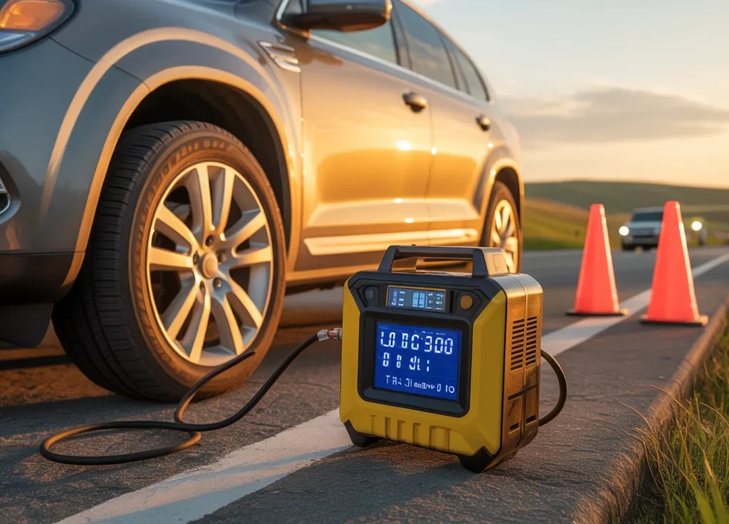 Driver using the best 12v car tire inflator with digital gauge to inflate an SUV tire during a roadside emergency at sunset