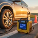 Driver using the best 12v car tire inflator with digital gauge to inflate an SUV tire during a roadside emergency at sunset