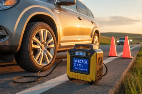 Driver using the best 12v car tire inflator with digital gauge to inflate an SUV tire during a roadside emergency at sunset