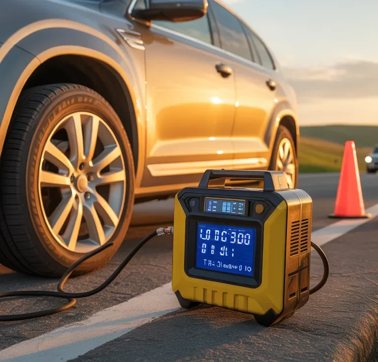 Driver using the best 12v car tire inflator with digital gauge to inflate an SUV tire during a roadside emergency at sunset