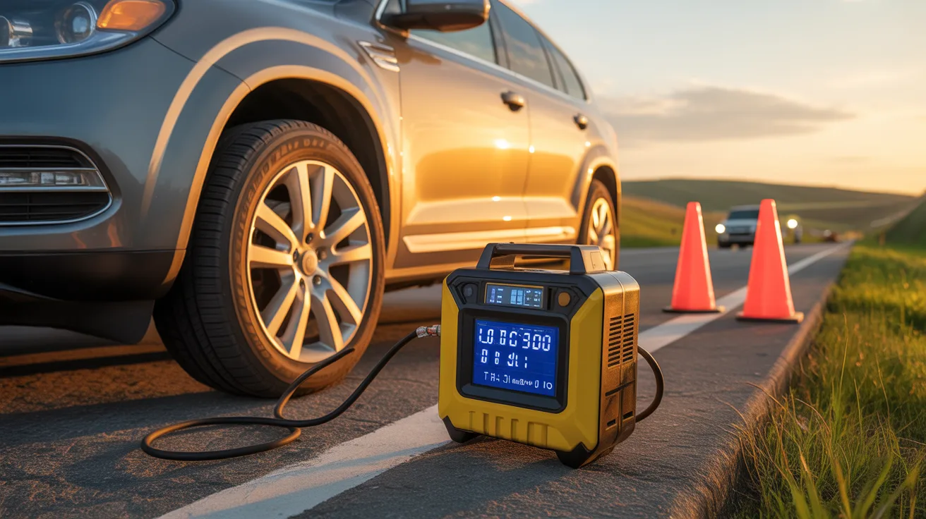 Driver using the best 12v car tire inflator with digital gauge to inflate an SUV tire during a roadside emergency at sunset