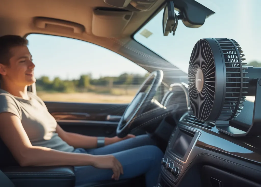 Tripole car fan review showing portable dashboard fan cooling driver inside car during hot summer