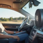 Tripole car fan review showing portable dashboard fan cooling driver inside car during hot summer