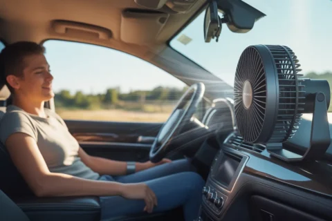Tripole car fan review showing portable dashboard fan cooling driver inside car during hot summer
