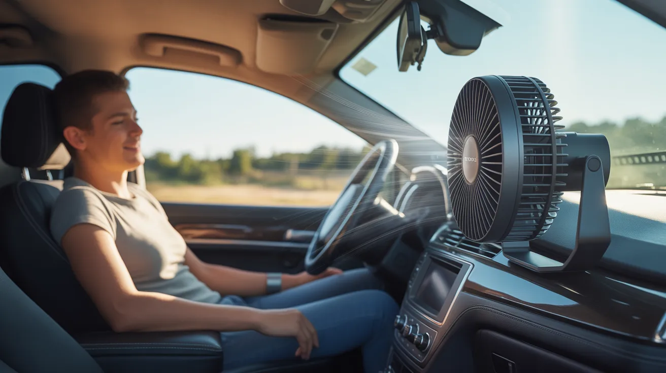 Tripole Car Fan Review (2026): Best Cooling Solution for Cars, SUVs & Back Seats? 1 Tripole car fan review showing portable dashboard fan cooling driver inside car during hot summer