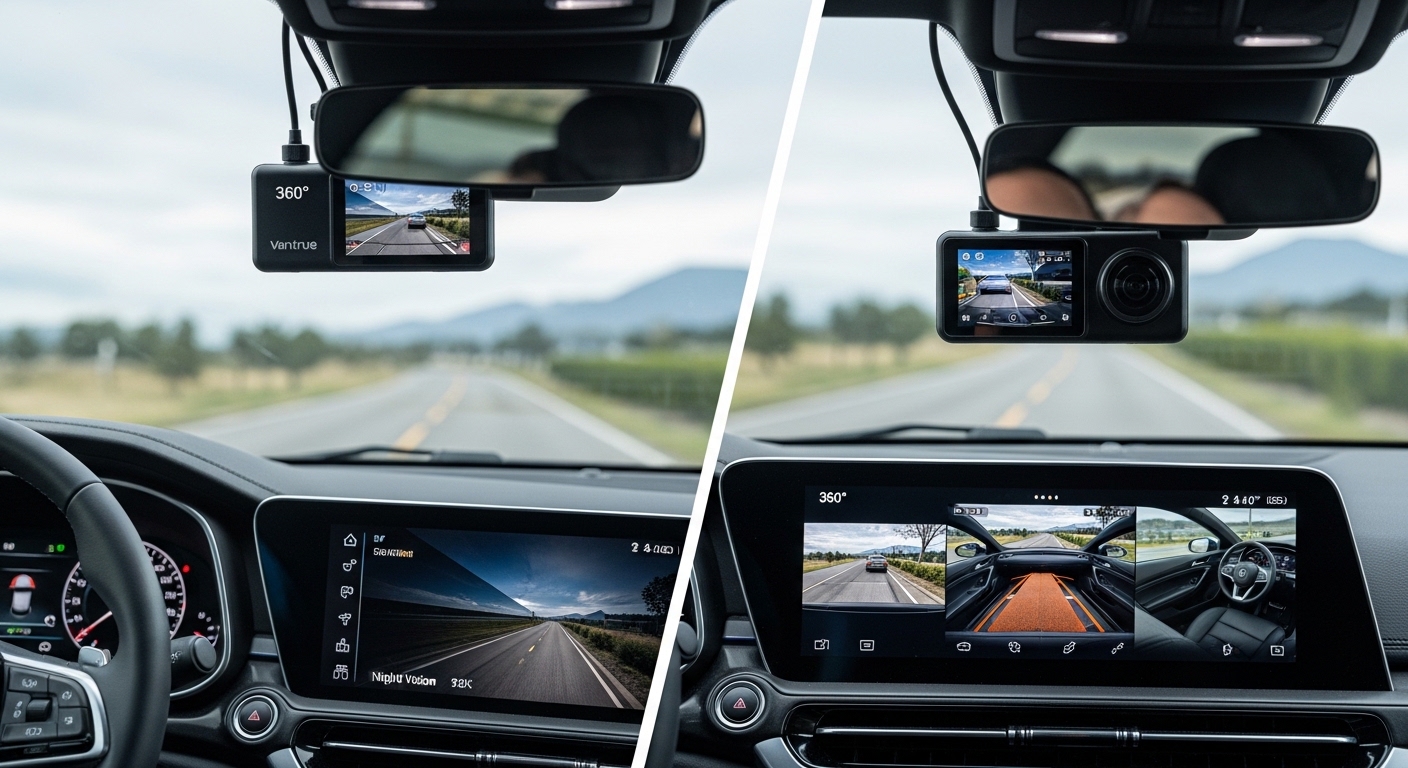 Driver’s perspective showing the best Vantrue AI dash camera mounted under the rearview mirror capturing 360-degree road, interior, and rear footage displayed on the vehicle infotainment screen