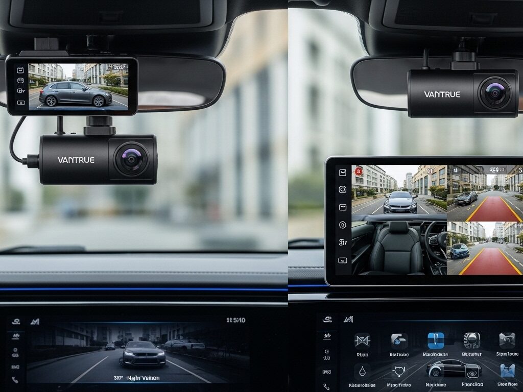Interior view showing the best Vantrue AI dash camera with dual lens recording road and cabin using smart dash cam technology