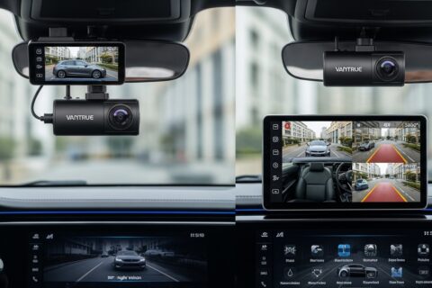 Interior view showing the best Vantrue AI dash camera with dual lens recording road and cabin using smart dash cam technology