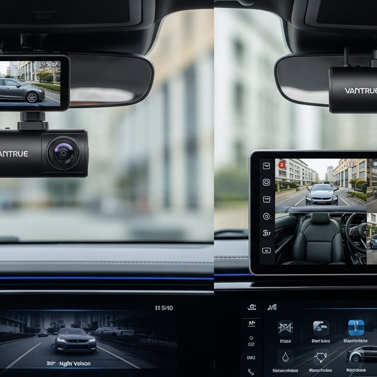 Interior view showing the best Vantrue AI dash camera with dual lens recording road and cabin using smart dash cam technology