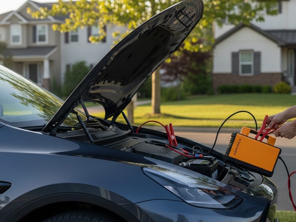 Man connecting portable jump starter to SUV battery with red and black clamps in a residential neighborhood