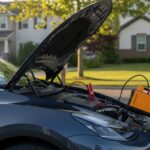 Man connecting portable jump starter to SUV battery with red and black clamps in a residential neighborhood