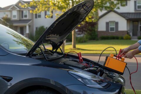 Man connecting portable jump starter to SUV battery with red and black clamps in a residential neighborhood