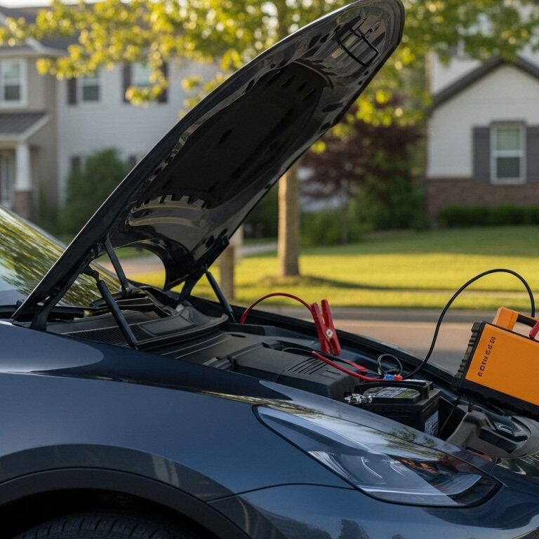 Man connecting portable jump starter to SUV battery with red and black clamps in a residential neighborhood