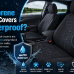 Are Neoprene Seat Covers Waterproof? Black neoprene car seat covers showing water droplets and water-resistant protection against spills and moisture.